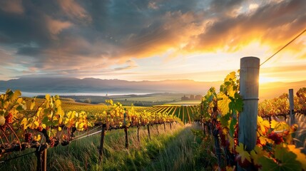Obraz premium A vineyard with vines in the foreground and the sun setting over distant mountains in the background
