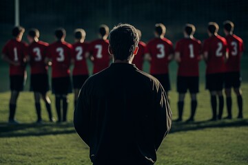 Fototapeta premium Coach watches uniformed athletes on field.
