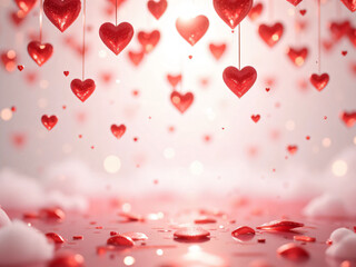 Cascading shimmering red hearts with pink and white gradient background, glowing romantic decor