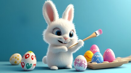 Fototapeta premium Cute Easter Bunny Holding A Paint Brush Coloring Easter Eggs