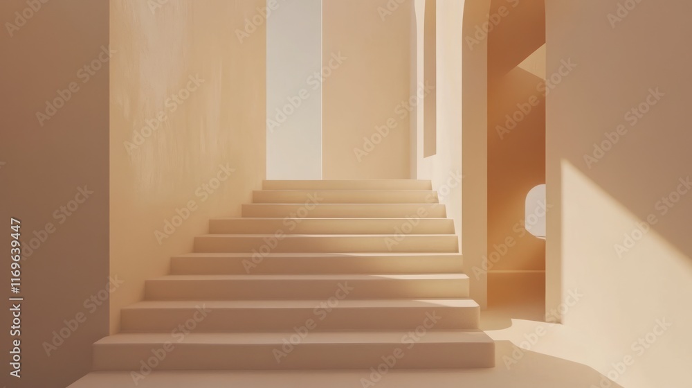 Poster beige staircase ascending towards sunlight in modern architecture