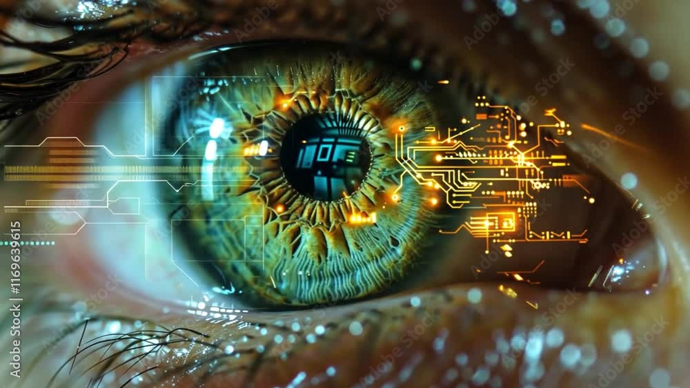 Leinwandbilder a close-up of a human eye showcases the iris's intricate details, with digital circuits and glowing 