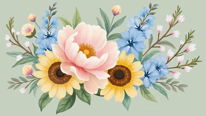 Pastel Pink Peonies Sunflowers Watercolor Floral Bouquet