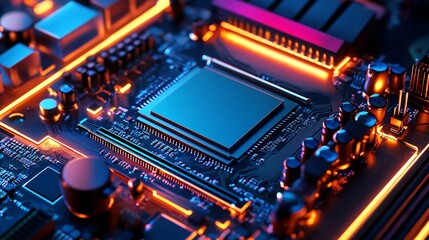 Fototapeta premium Computer CPU Or Central Processing Unit Installed On A Motherboard With Glowing RGB Lighting