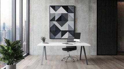 Modern minimalist office workspace with city view