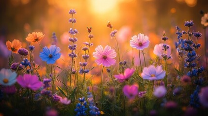 Sunset illuminating colorful wildflowers.