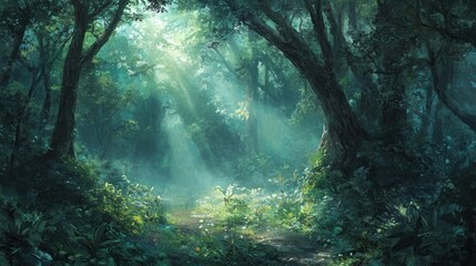 Obraz premium Sunlit Path Through A Lush Green Forest