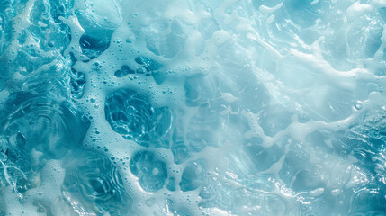 Obraz premium Transparent blue clear water surface texture with ripples, splashes and bubbles. Abstract summer banner background Water waves in sunlight with copy space Cosmetic moisturizer micellar toner emulsion 
