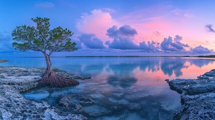 Solitary Mangrove Tree at Peaceful Sunset Over Calm Water