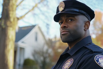 Obraz premium Serious police officer, dark uniform, autumn background.
