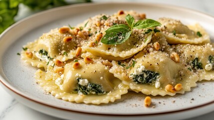 Fresh ricotta and spinach ravioli with pine nut and basil on plate