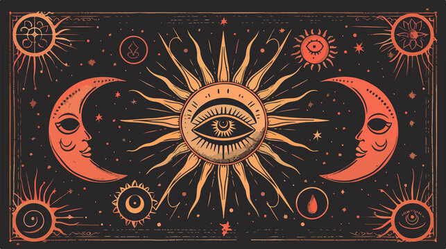 Celestial Mystical Astrological Poster with Isoteric Sun