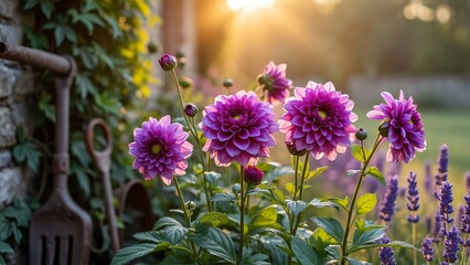 Vibrant Purple Dahlias in Sunset Garden
