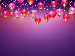 Red and pink lanterns glowing on strings with a twilight purple-pink gradient background