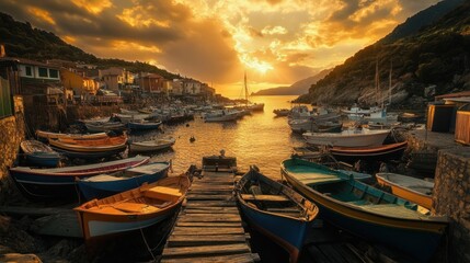 Golden Sunset Over Harbor Boats And Coastal Village
