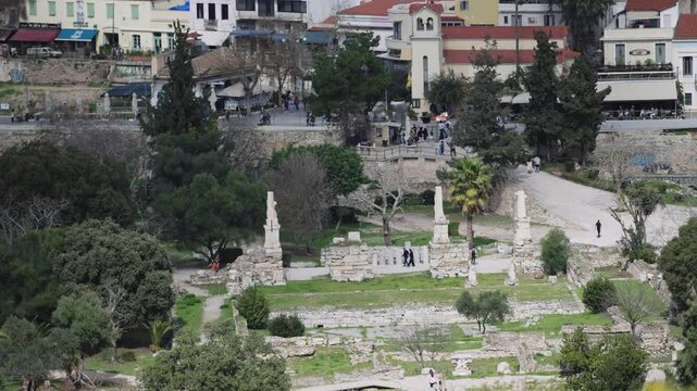 Aerial view of monument of Socrates and Confucius in the archaeological museum of the Ancient Agora of Athens
