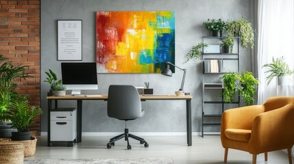 Modern Home Office Workspace With Abstract Art And Plants