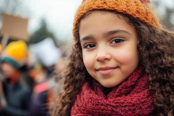 Smiling girl, curly hair, warm knitted hat and scarf.