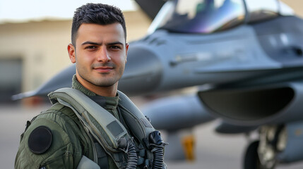 A skilled pilot poses confidently in military gear, showcasing readiness for flight next to a sleek fighter jet at an airbase during a clear day