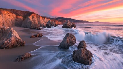 Obraz premium Coastal Rocks Sunset Dramatic Ocean Waves Scene