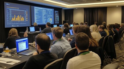 Fototapeta premium session at a medical summit, where small groups discuss the integration of AI in diagnostics