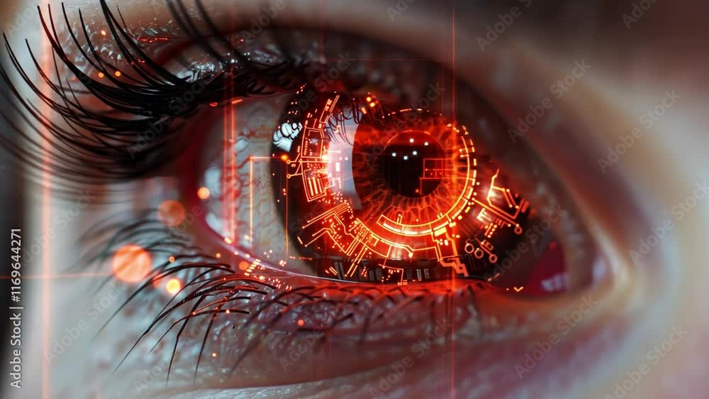 Poster Captivating visual display showcases a close-up of an eye enhanced with intricate circuit patterns, symbolizing advanced technology integrated with human perception, illuminated in vibrant colors.