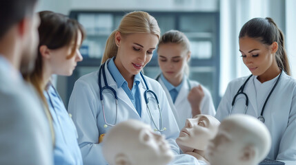 Fototapeta premium hospital training room with interns practicing techniques on realistic mannequins