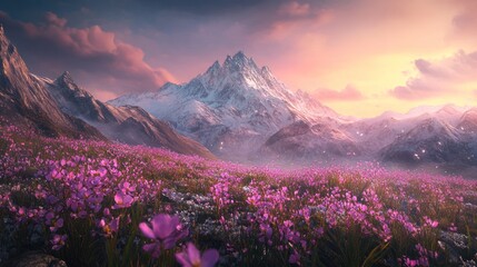 Majestic Mountains Sunset Purple Flowers Meadow