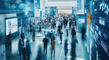 bustling exhibition hall at a medical conference, showcasing the latest medical devices