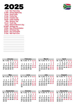 A transparent PNG overlay of a 2025 calendar featuring South African public holidays. This overlay can be placed on top of your own images/designs to personalise a 2025 calendar with your own touch.
