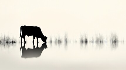   A monochromatic picture of a cow munching in a high grass field with water nearby