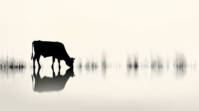   A monochromatic picture of a cow munching in a high grass field with water nearby