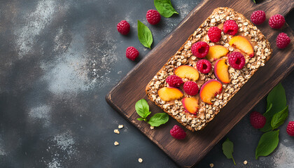 Buckwheat healthy bread with peanut butter, peach and raspberry on wooden board over concrete background. Top view