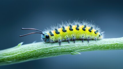 Fototapeta premium Close-up of a caterpillar on a green stem with water droplets on top