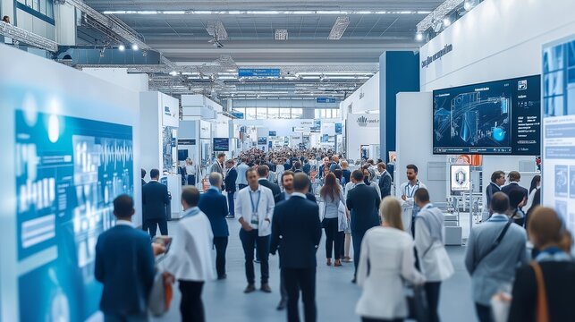bustling exhibition hall at a medical conference, showcasing the latest medical devices