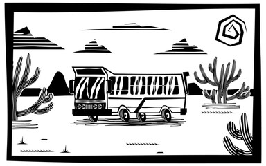 Cordel mostrando um ônibus trafegando por uma estrada no sertão nordestino. Arte em xilogravura com traços rústicos, retratando a paisagem árida e cultural do Brasil rural