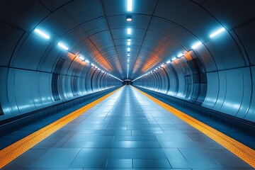 Futuristic subway tunnel with vibrant blue and orange lighting.