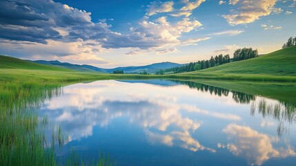 Fototapeta premium Serene Mountain Lake Reflecting Cloudscape At Sunset