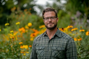 Man smiles, wearing glasses, in a garden.