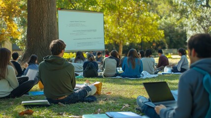 bustling outdoor learning space in a park, with students sitting on the grass, laptops and notebooks open, and a mentor explaining concepts with a whiteboard