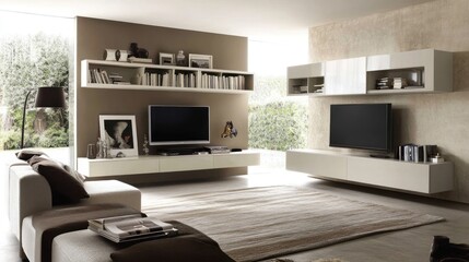 Modern Living Room With Built In Shelving And Televisions