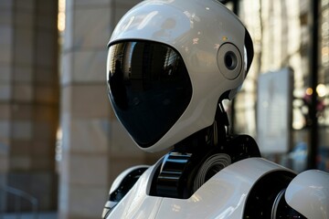 Fototapeta premium A robot with a white helmet and black eyes stands in front of a building