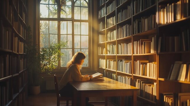 library filled with sunlight streaming through tall windows, shelves overflowing with books