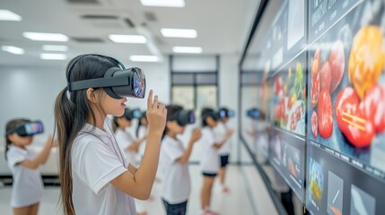 digital classroom with holographic screens displaying complex data, students wearing VR headsets