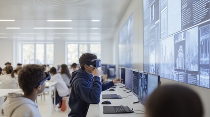 digital classroom with holographic screens displaying complex data, students wearing VR headsets