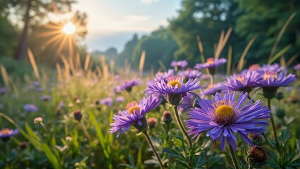 Vibrant Purple Aster Flowers Meadow Sunset Sunrise