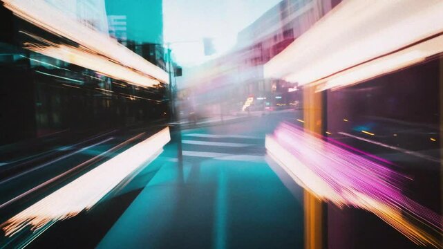 Urban fast motion point of view with long exposure city lights blurred with motion blur, traffic in the city