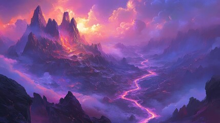 Lava River Flows Through Purple Volcanic Mountains