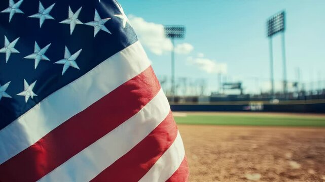 Close-up of the American flag near a sunny baseball field