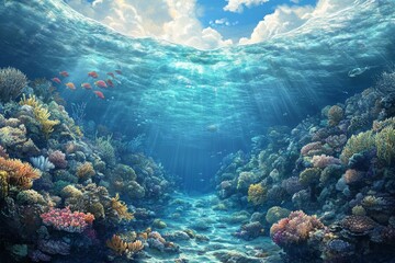 Obraz premium Vibrant coral reef, sunlight, colorful fish, ocean floor.